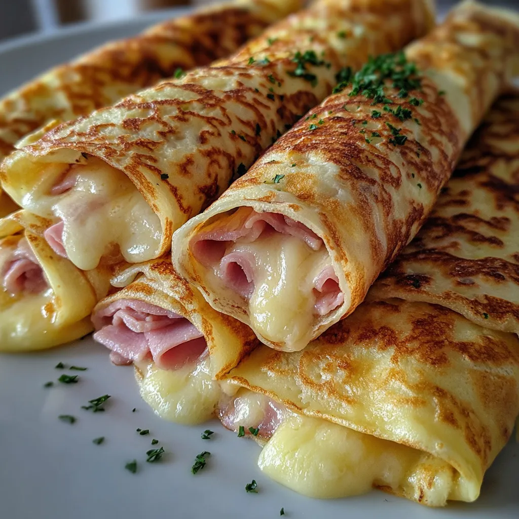 Golden Ham and Cheese French Crêpes with melted Gruyère cheese, savory ham, and a crispy, golden exterior, garnished with fresh parsley