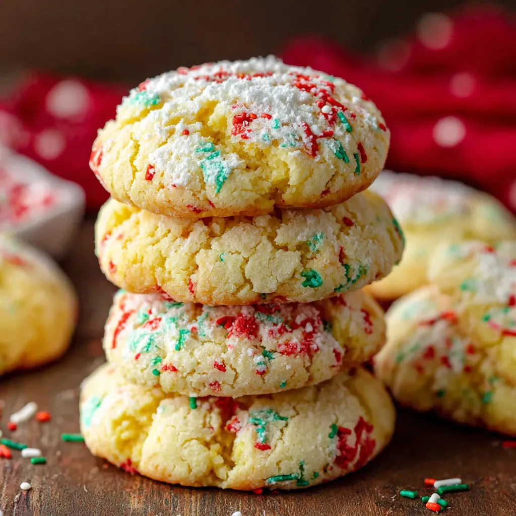 Stack of soft gooey butter cookies with red and green sprinkles, dusted with powdered sugar, perfect for Christmas baking and festive holiday treats