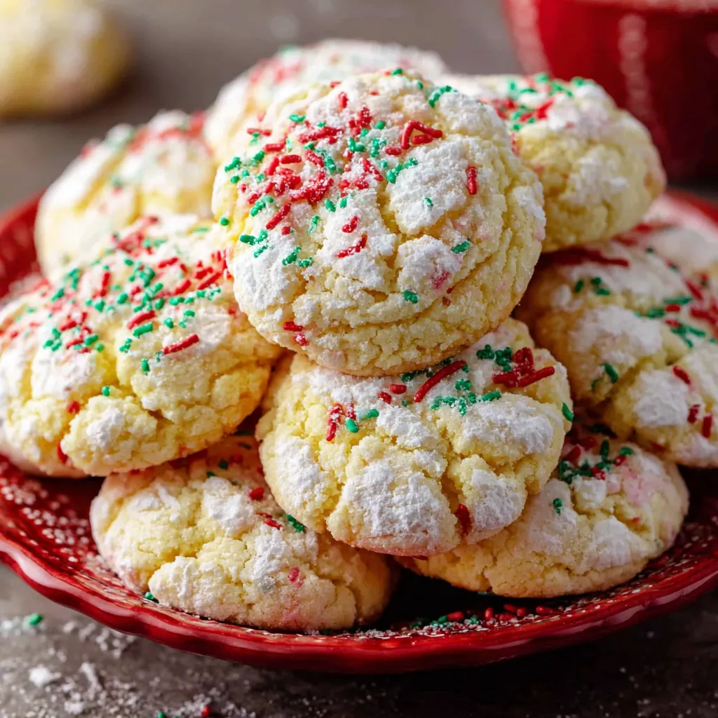 Plate of soft gooey butter cookies with red and green sprinkles, coated with powdered sugar, perfect for Christmas holiday baking and festive desserts