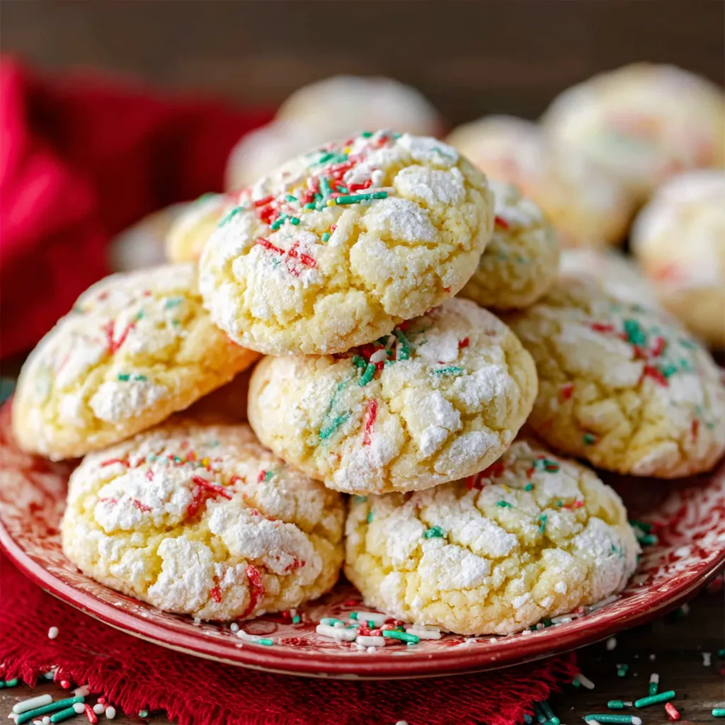Soft and gooey butter cookies with red and green sprinkles, dusted with powdered sugar, perfect for Christmas holiday baking and festive desserts
