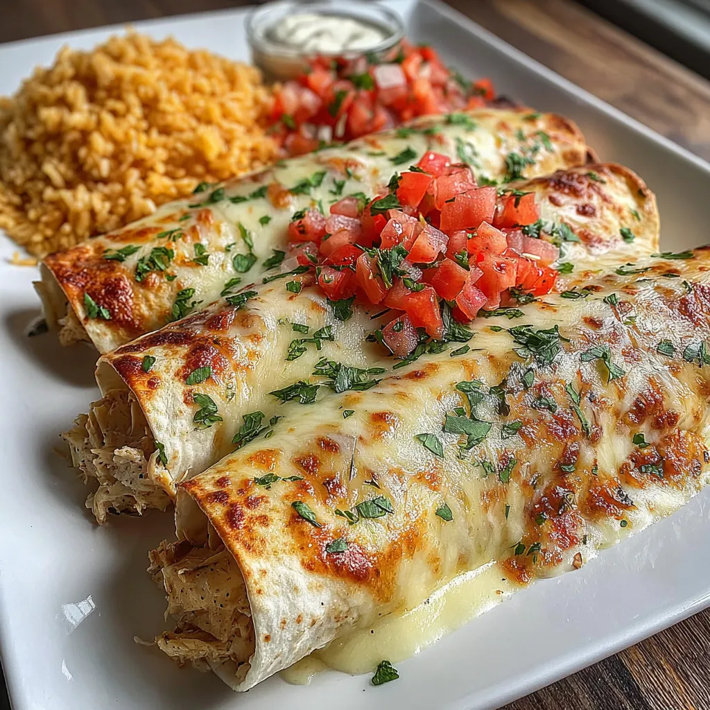 Cheesy queso chicken enchiladas topped with melted Velveeta queso, diced tomatoes and herbs, served with Mexican rice on a white plate