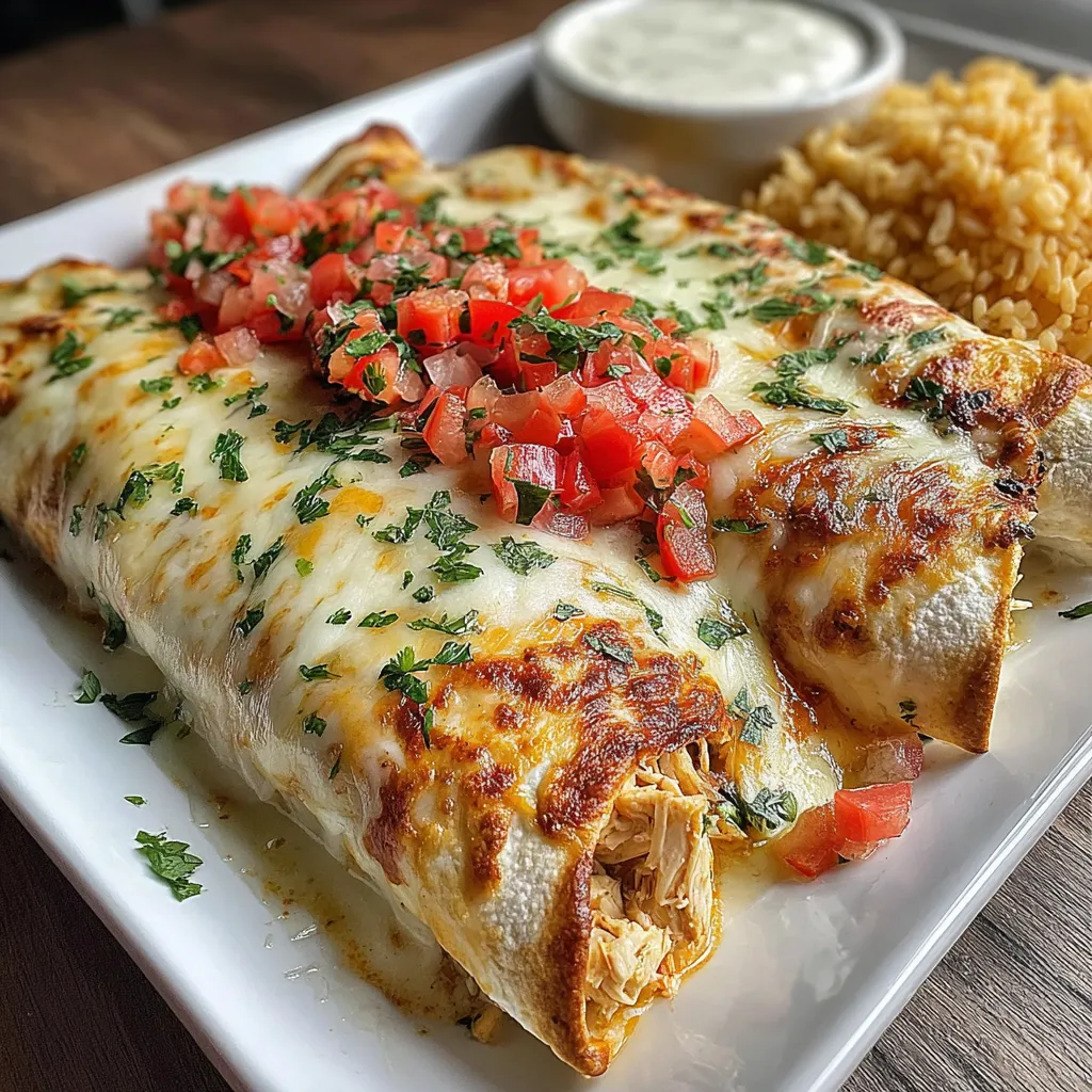 Cheesy queso chicken enchiladas baked with flour tortillas, shredded chicken, melted Velveeta queso, diced tomatoes and herbs, served with Mexican rice and sour cream