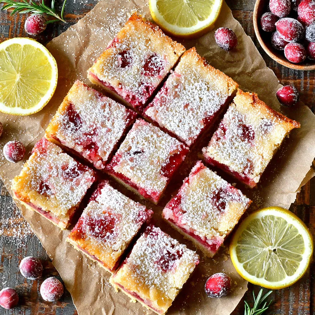 Cranberry lemon bars cut into squares, topped with powdered sugar, with fresh cranberries and sliced lemons on parchment paper