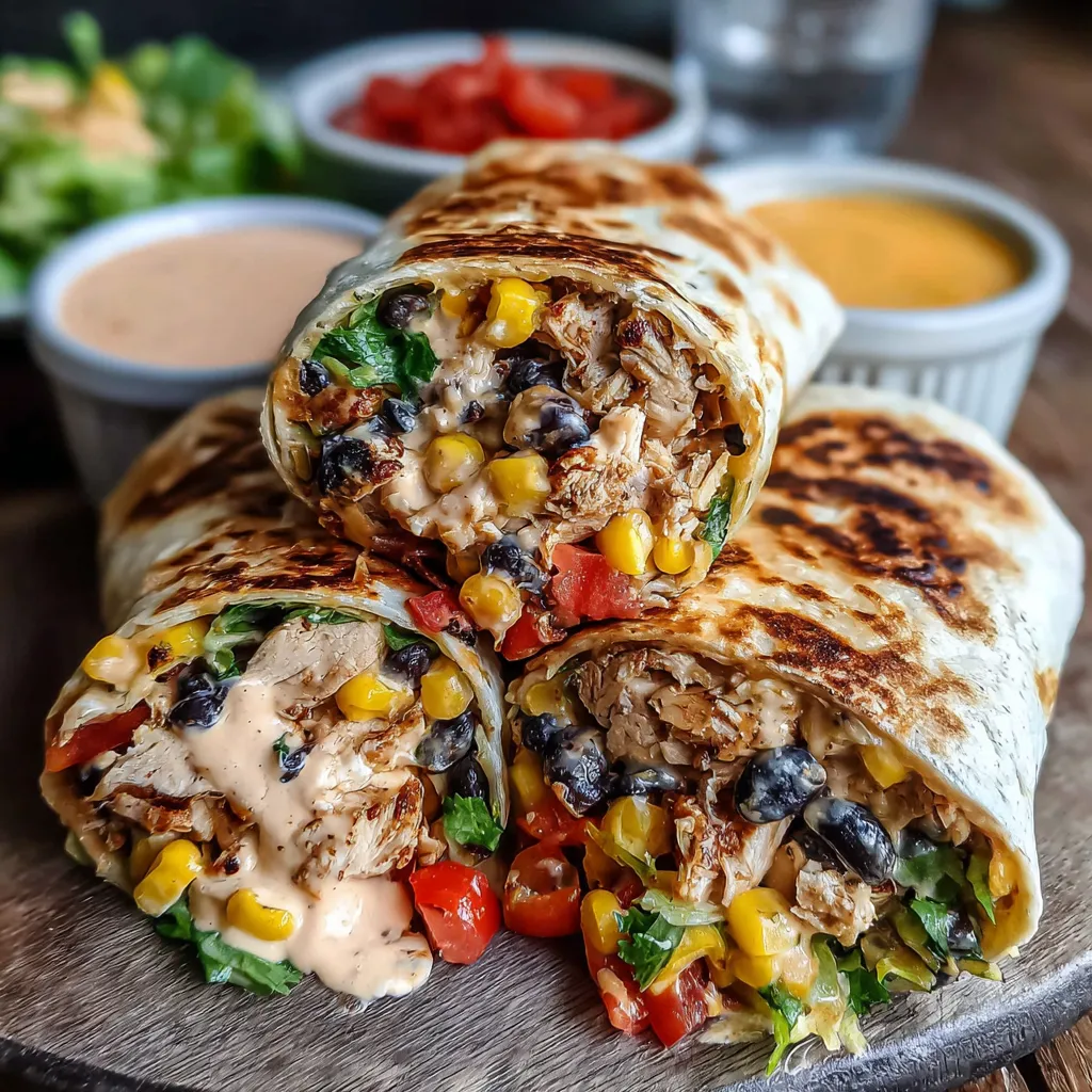 Grilled southwest chicken wrap with corn, black beans, fresh veggies and spicy chipotle crema