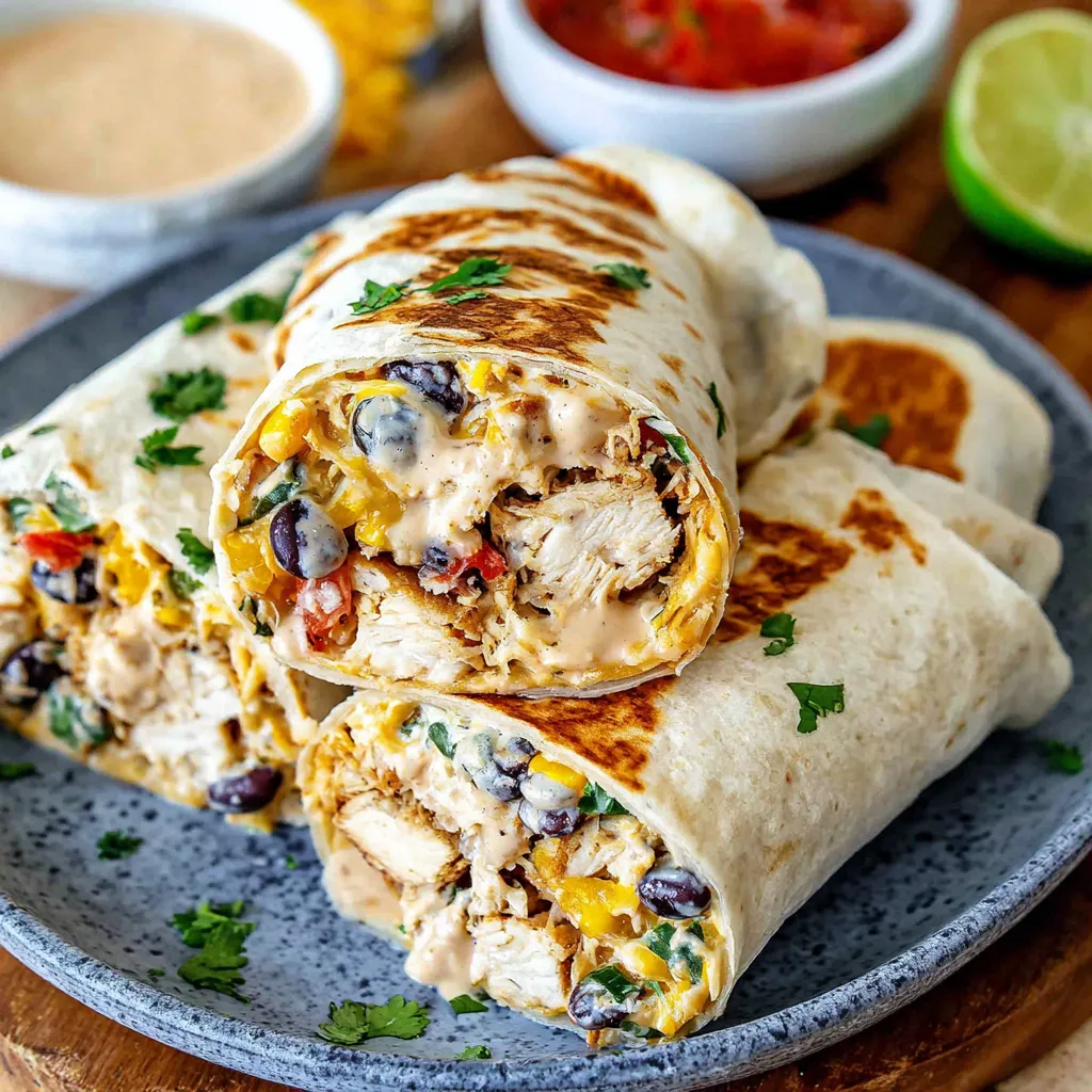 Toasted southwest chicken wraps with juicy chicken, black beans, corn, tomatoes and creamy chipotle sauce served on a plate