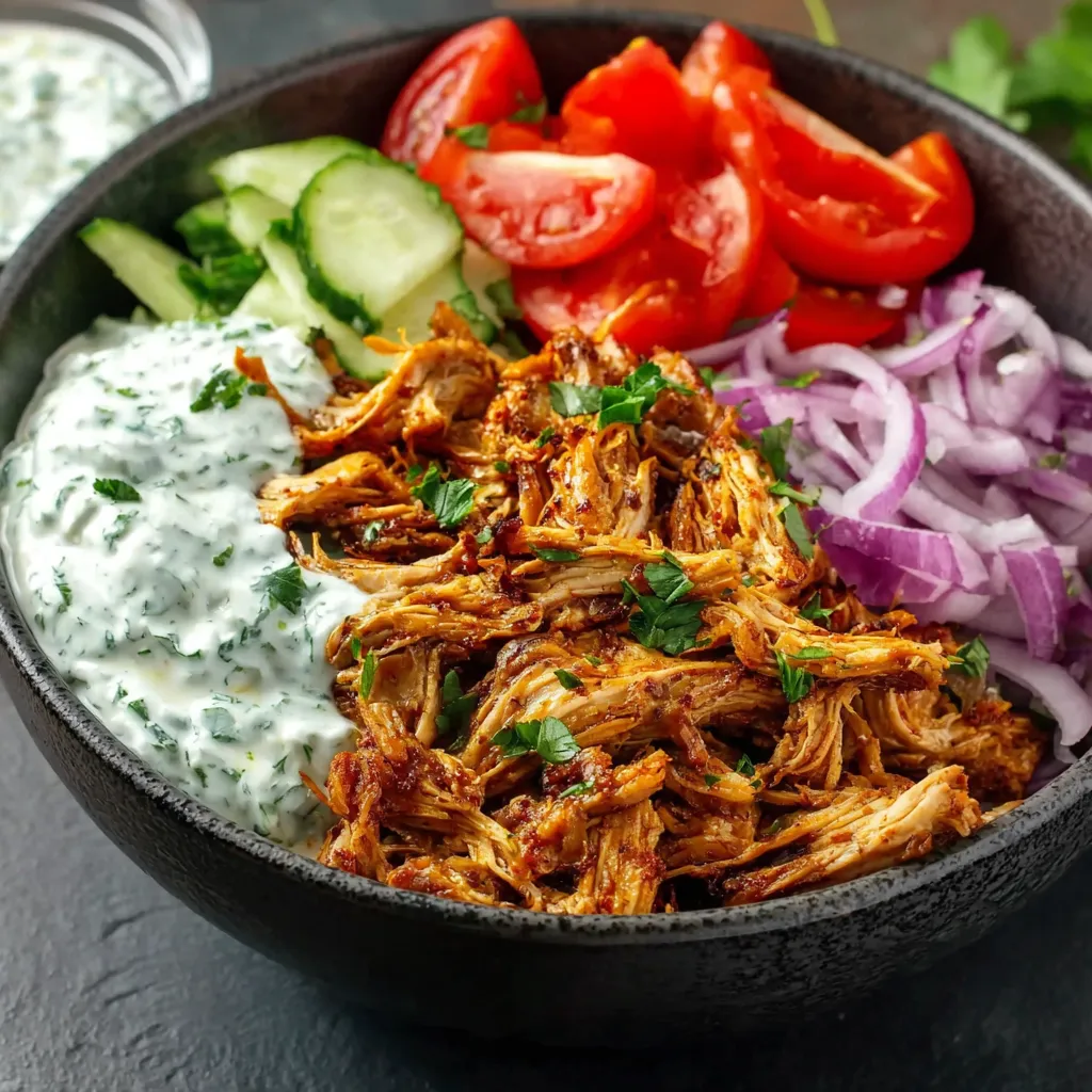 Slow cooker chicken shawarma bowl with ultra tender shredded spiced chicken, creamy garlic yogurt sauce, fresh tomatoes, cucumber, red onion and herbs