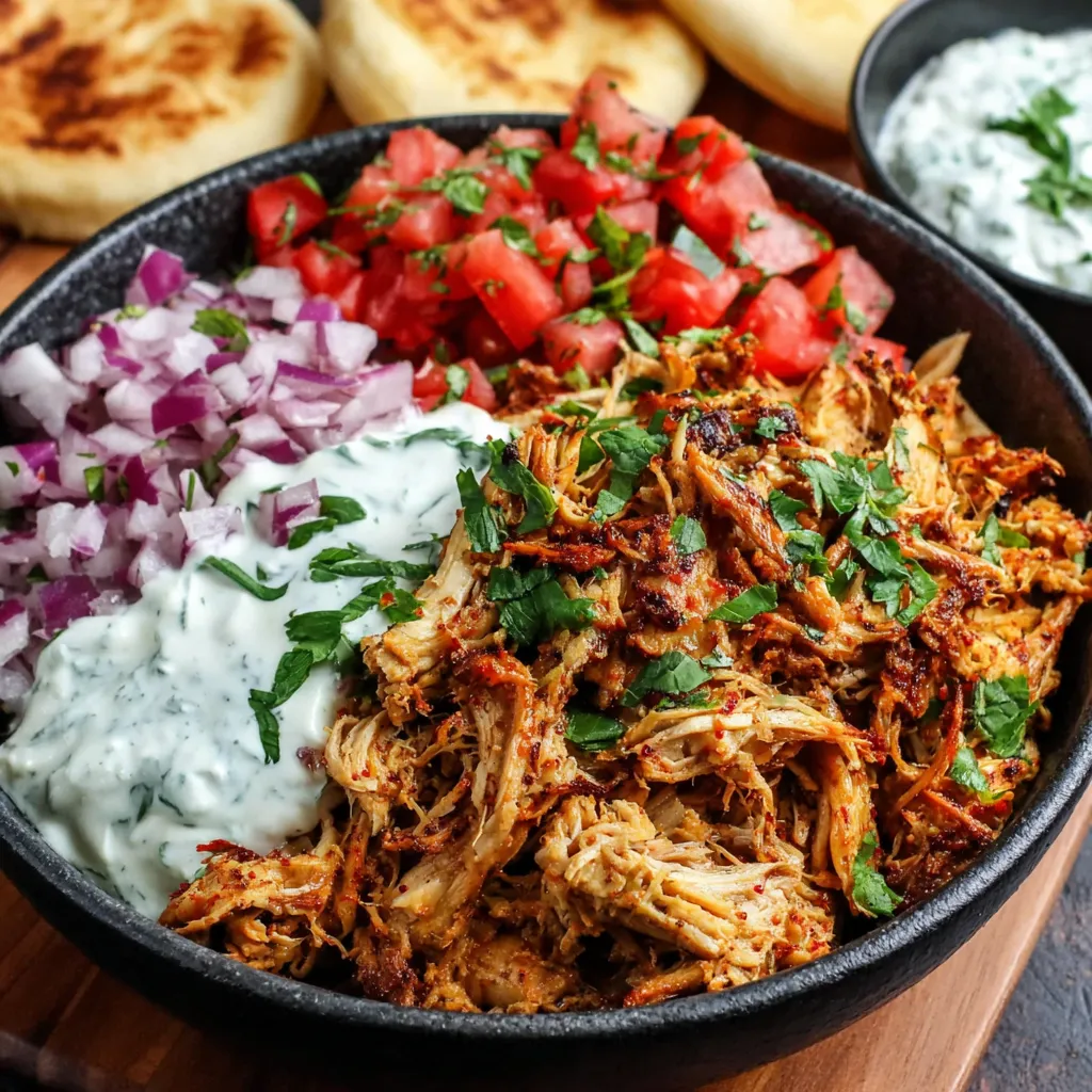 Slow cooker chicken shawarma with ultra tender shredded spiced chicken, creamy garlic yogurt sauce, fresh tomatoes, red onion, herbs and warm pita bread