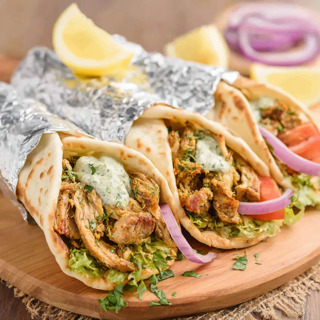 Slow Cooker Chicken Shawarma wraps filled with tender spiced chicken, garlic yogurt sauce, fresh lettuce, tomatoes, and red onions in warm pita bread