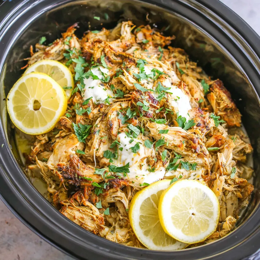 Slow cooker chicken shawarma with juicy shredded chicken, lemon, herbs, and garlic yogurt sauce