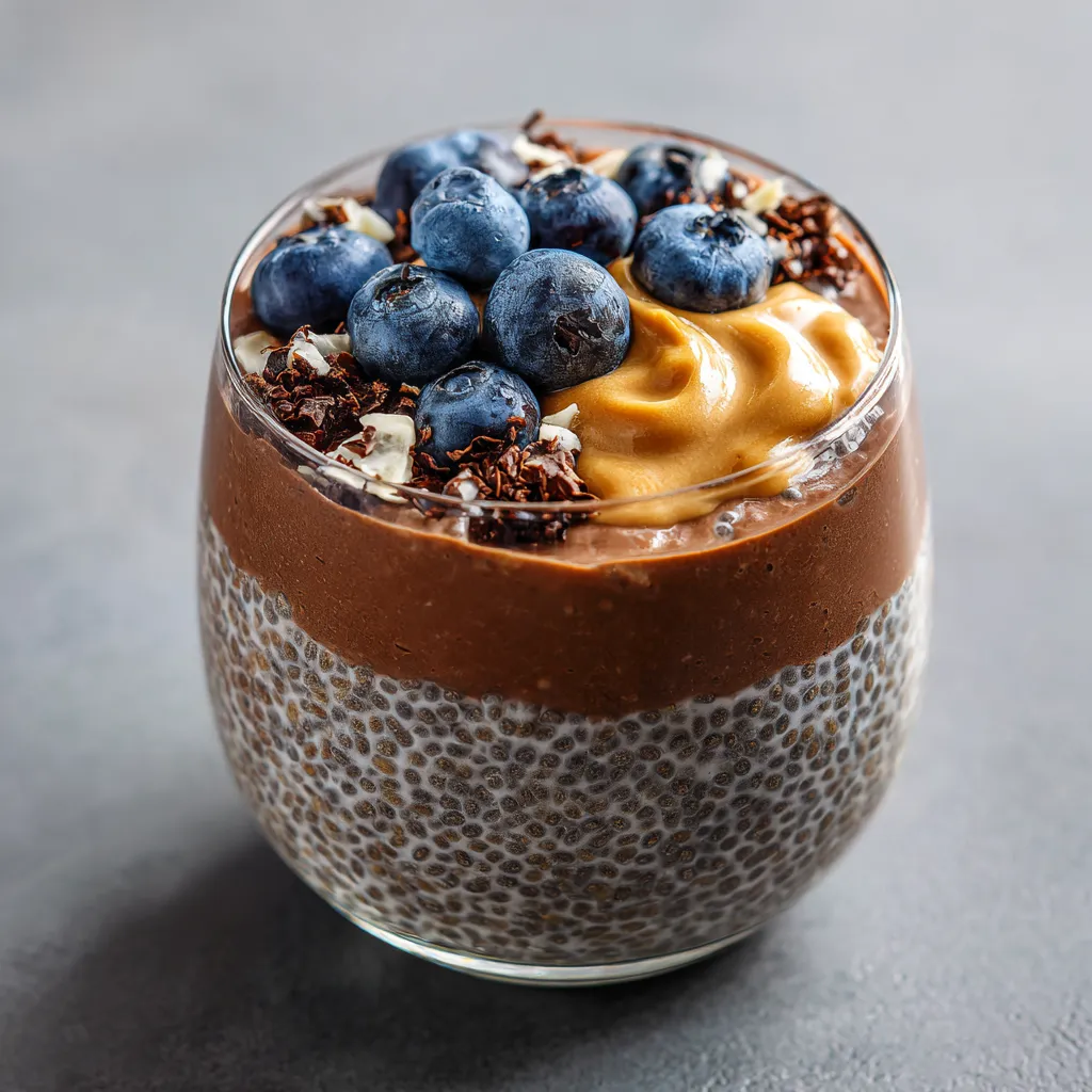 High-protein chocolate peanut butter chia pudding topped with fresh blueberries in a glass jar