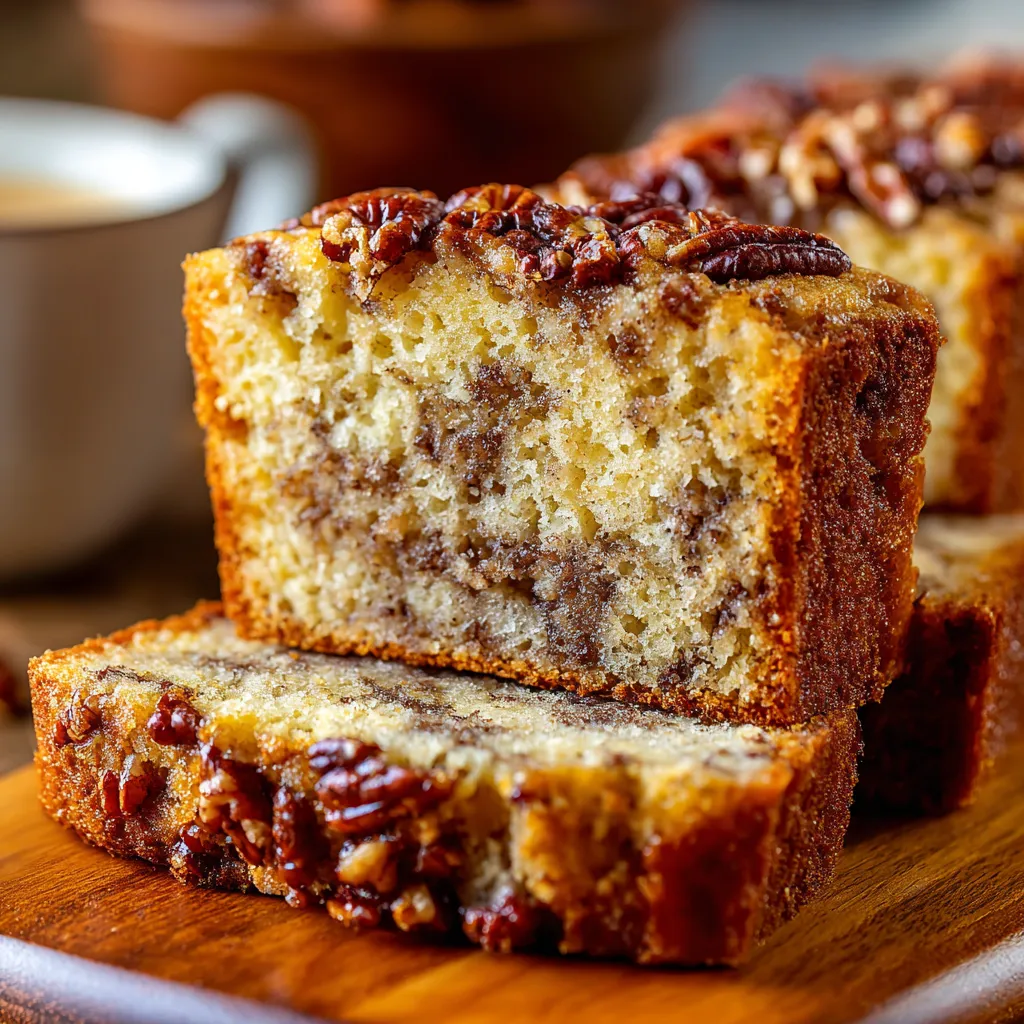 Slice of Sweet Alabama pecanbread showing a moist, chewy crumb with chopped pecans and caramelized edges