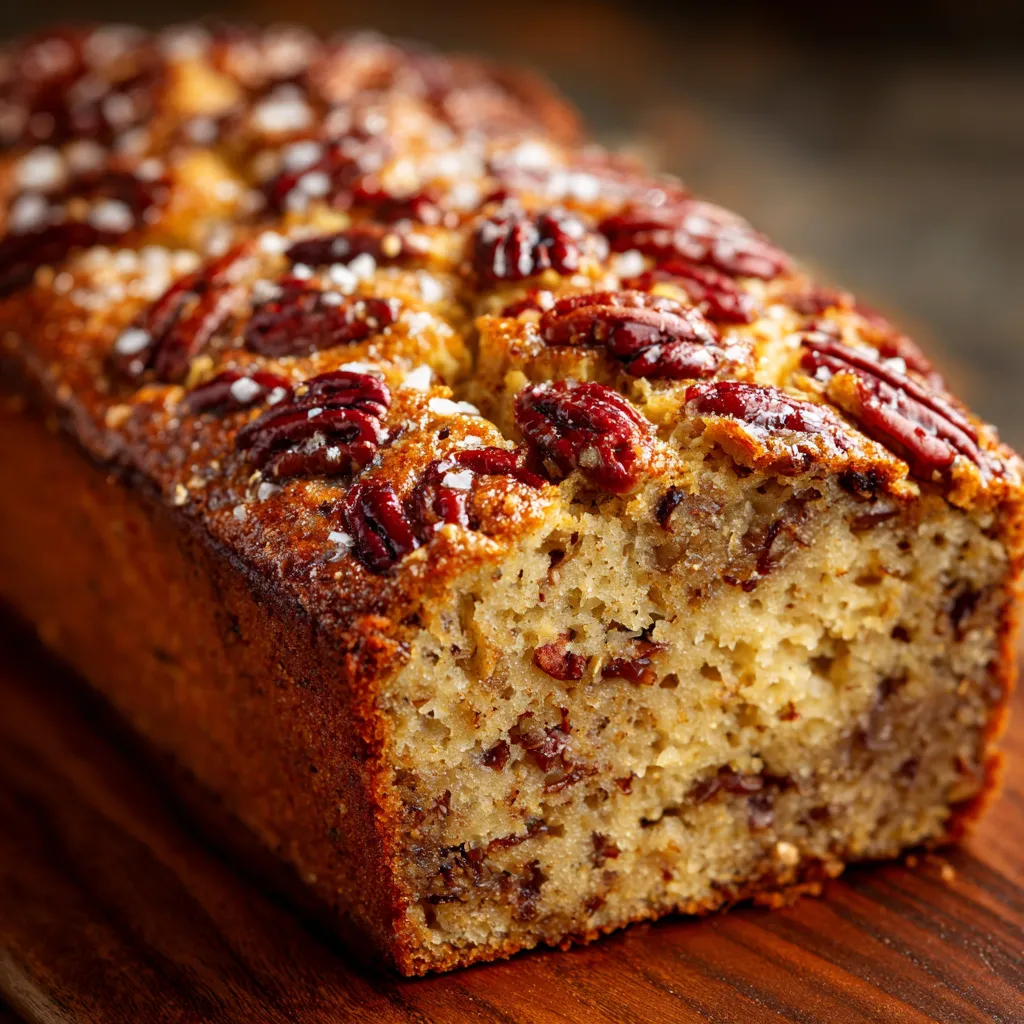 Sweet Alabama pecanbread loaf with a moist, buttery crumb and crunchy toasted pecans baked into the top