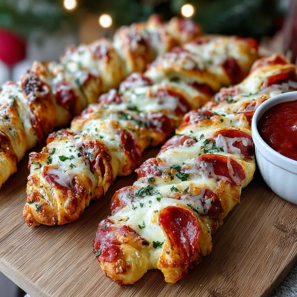 Candy cane pizza breadsticks with pepperoni, melted mozzarella and marinara sauce, served with dipping sauce for a festive holiday appetizer