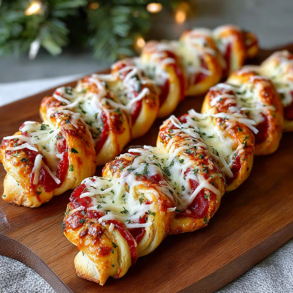 Festive candy cane pizza breadsticks with melted mozzarella, marinara sauce and herbs, baked until golden and served for a holiday appetizer