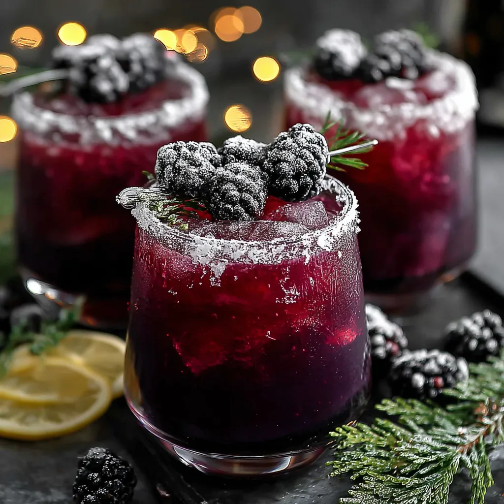 Midnight Frost Christmas Punch served in a sugar-rimmed glass with blackberries, lemon slice and rosemary, sparkling non-alcoholic holiday punch