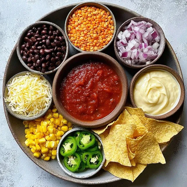 Vegetarian tortilla soup ingredients arranged in bowls including black beans, lentils, corn, salsa, shredded cheese, sour cream, jalapeños, red onion, and tortilla chips