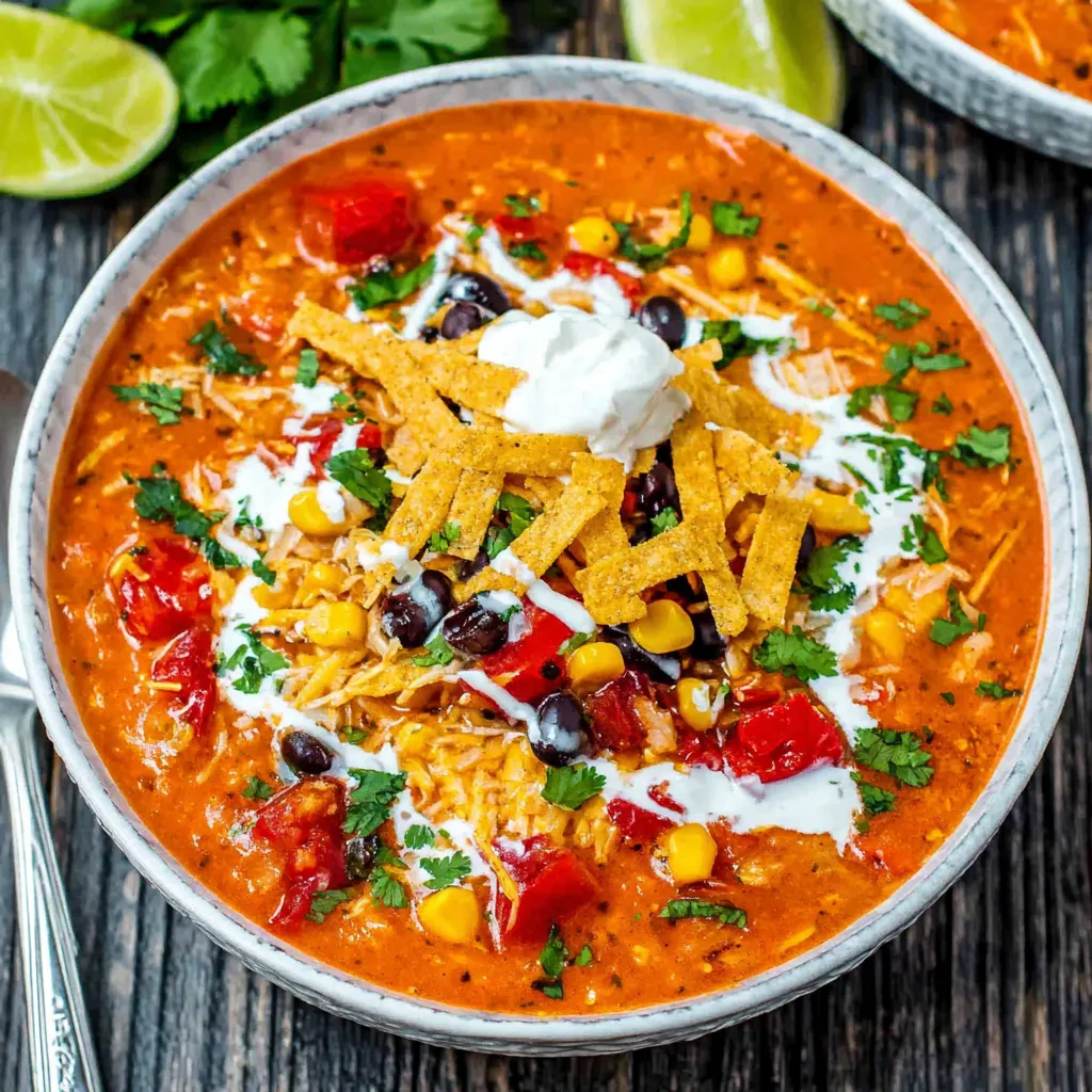Creamy vegetarian tortilla soup topped with black beans, corn, shredded cheese, tortilla strips, sour cream, and fresh cilantro in a bowl