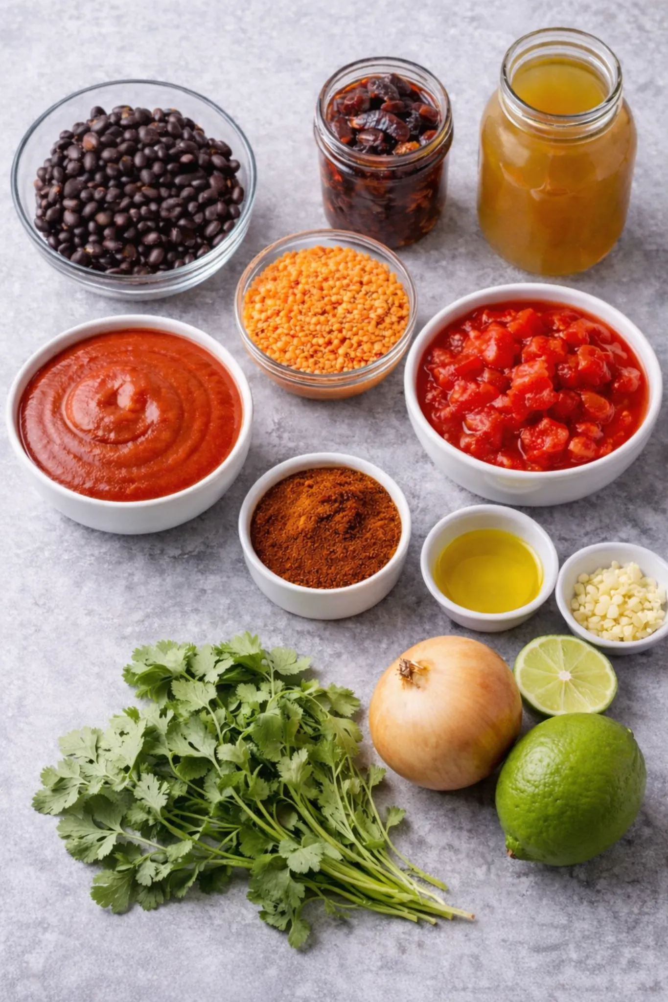 Ingredients for vegan chili including black beans, red lentils, tomato sauce, diced tomatoes, chipotle peppers, vegetable broth, garlic, onion, lime, cilantro, spices, and olive oil