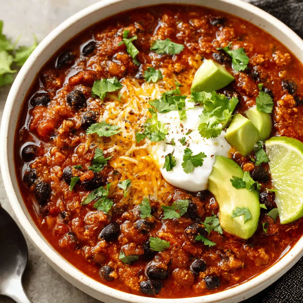 Vegan black bean chili topped with avocado, sour cream, shredded cheese, fresh cilantro, and a lime wedge in a bowl