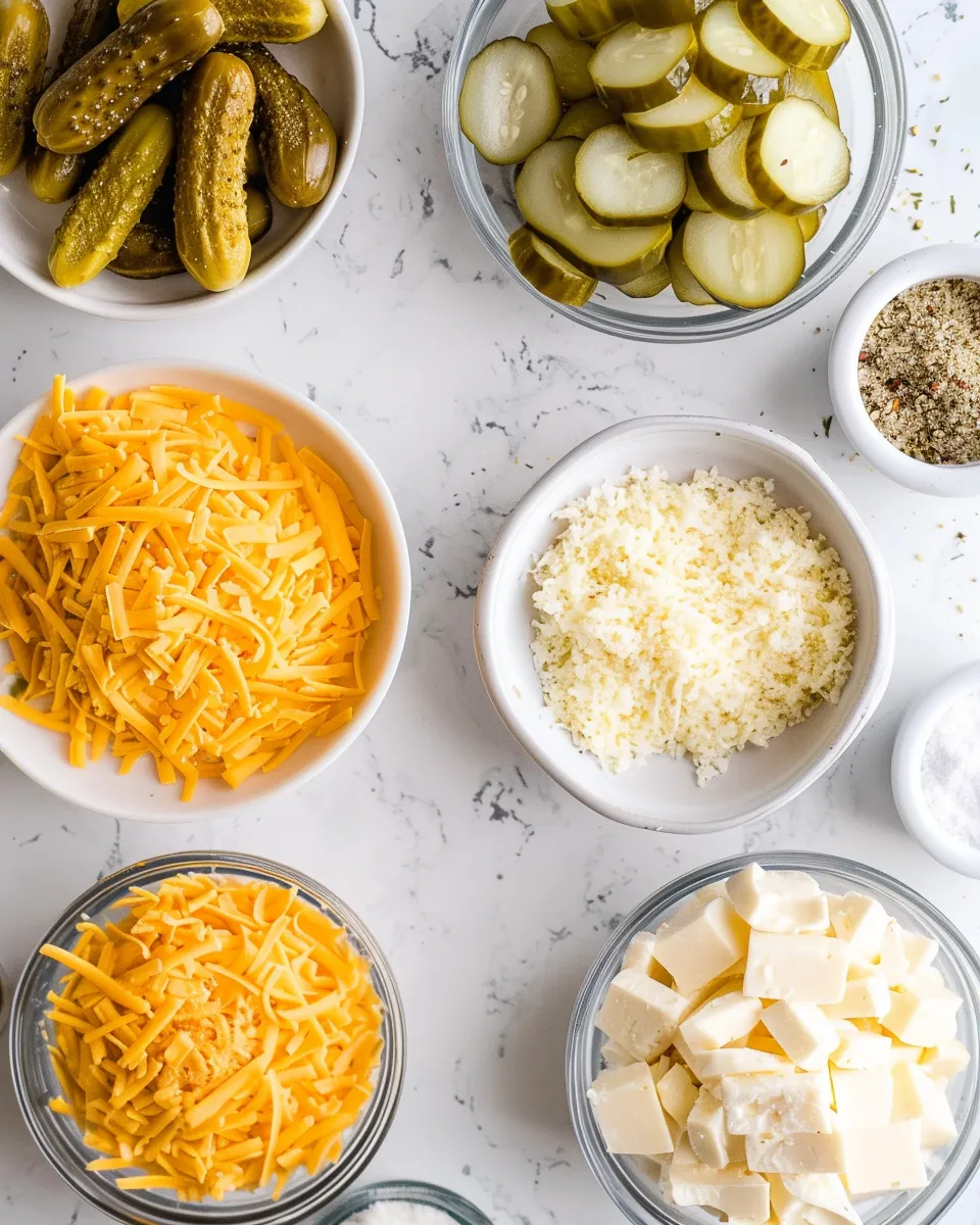 Ingredients for crispy pickle cheese bites including shredded cheddar, mozzarella, sliced dill pickles, breadcrumbs, and garlic powder arranged on a kitchen counter
