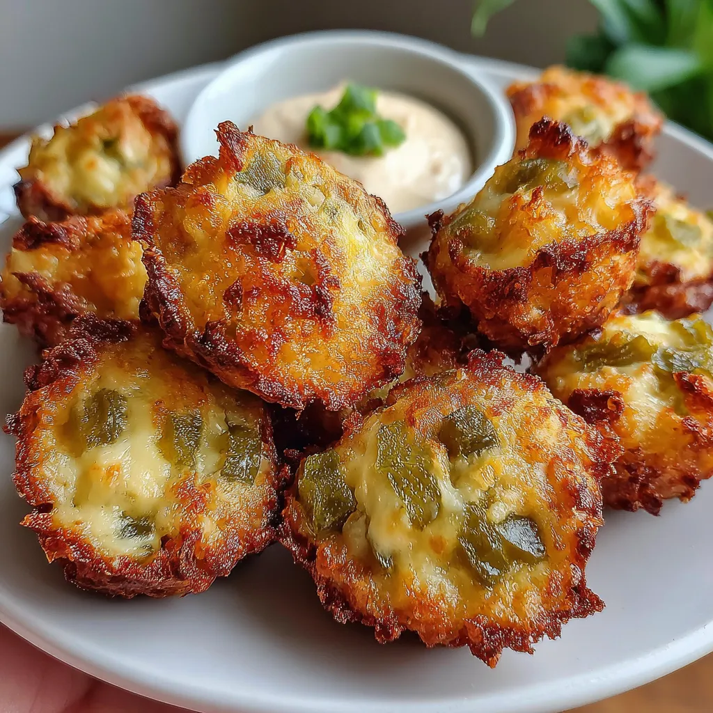 Crispy pickle cheese bites with melted cheese and chopped dill pickles served on a plate with dipping sauce