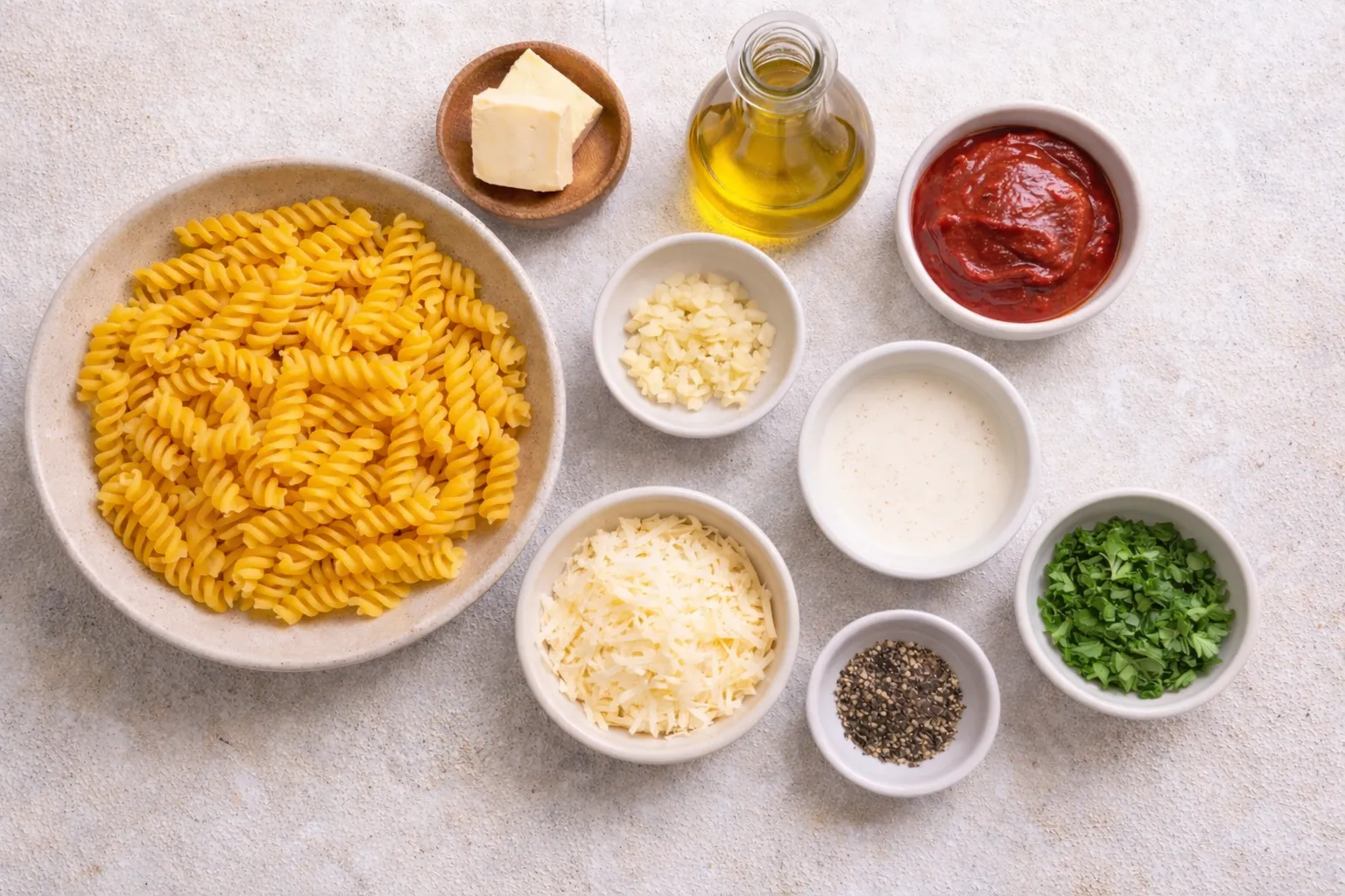 Ingredients for creamy gochujang pasta including fusilli, butter, olive oil, garlic, gochujang paste, heavy cream, cheese, black pepper, and parsley