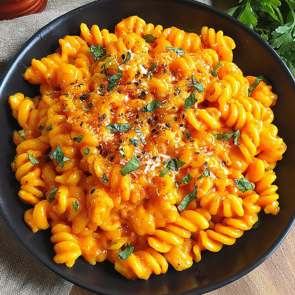 Creamy gochujang pasta with fusilli coated in a rich spicy Korean chili cream sauce, topped with parsley, black pepper, and grated cheese