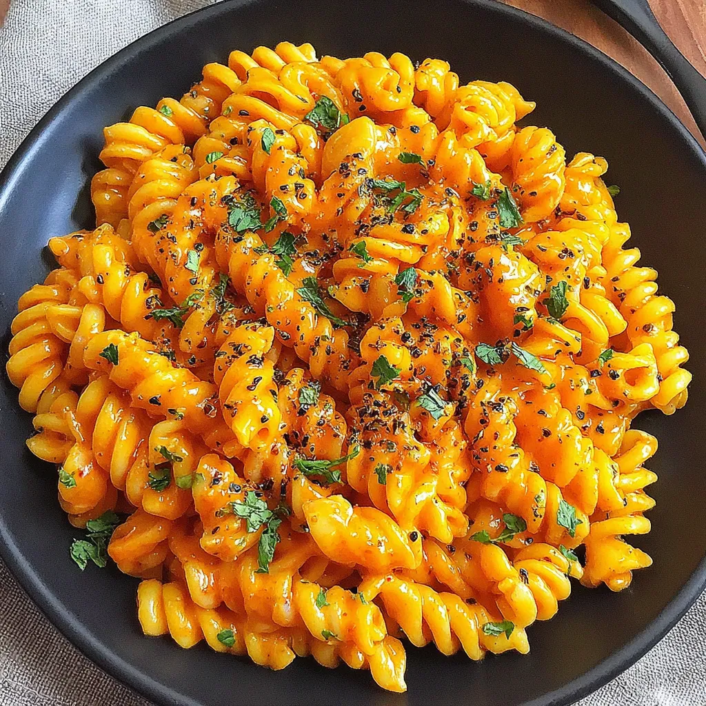 Creamy gochujang pasta made with fusilli, coated in a glossy spicy Korean chili sauce and garnished with parsley and black pepper