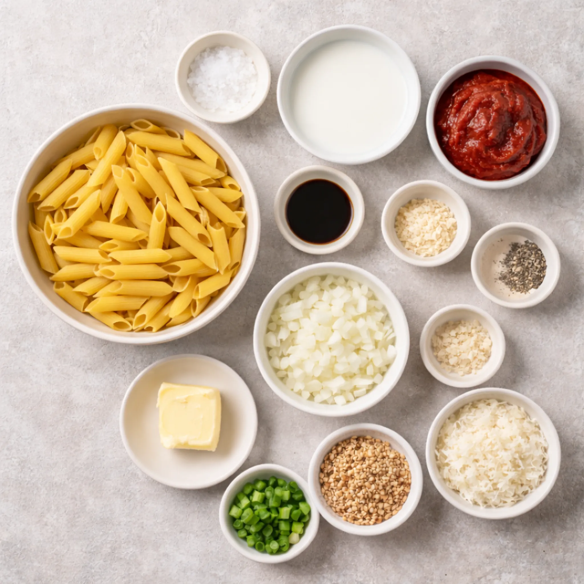 Ingredients for creamy gochujang pasta arranged in bowls, including penne, milk, gochujang, soy sauce, onion, garlic, butter, sesame seeds, green onions, and parmesan