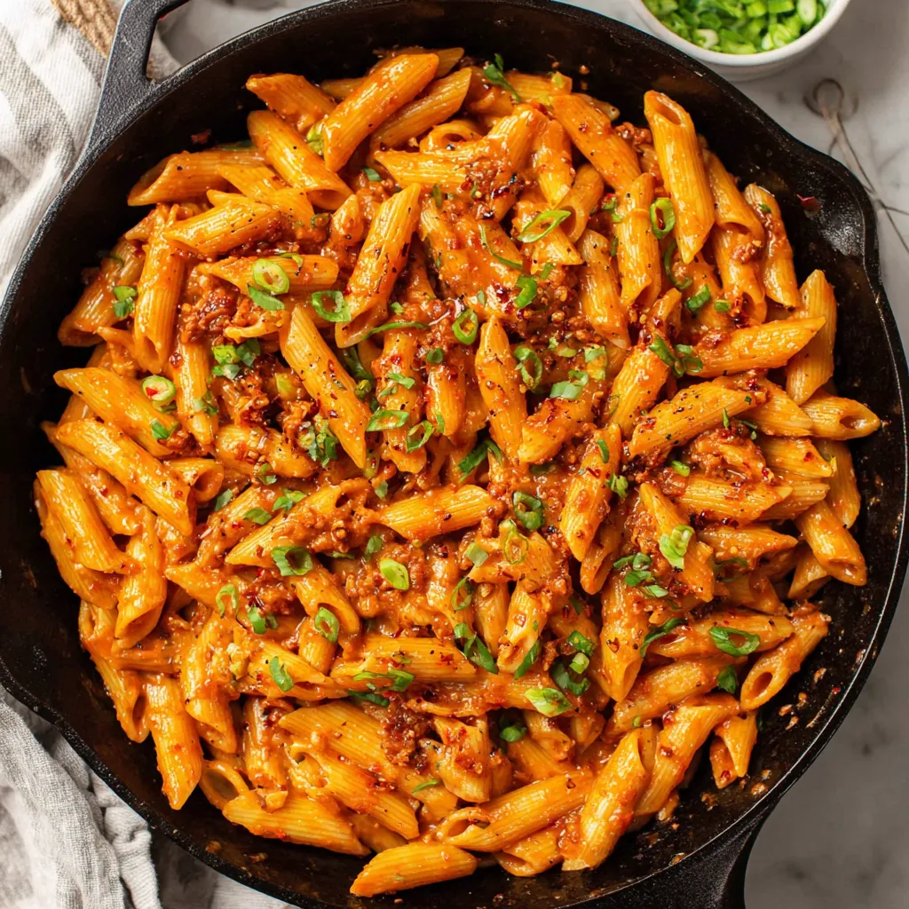 Creamy gochujang pasta with penne in a skillet, garnished with green onions and chili flakes
