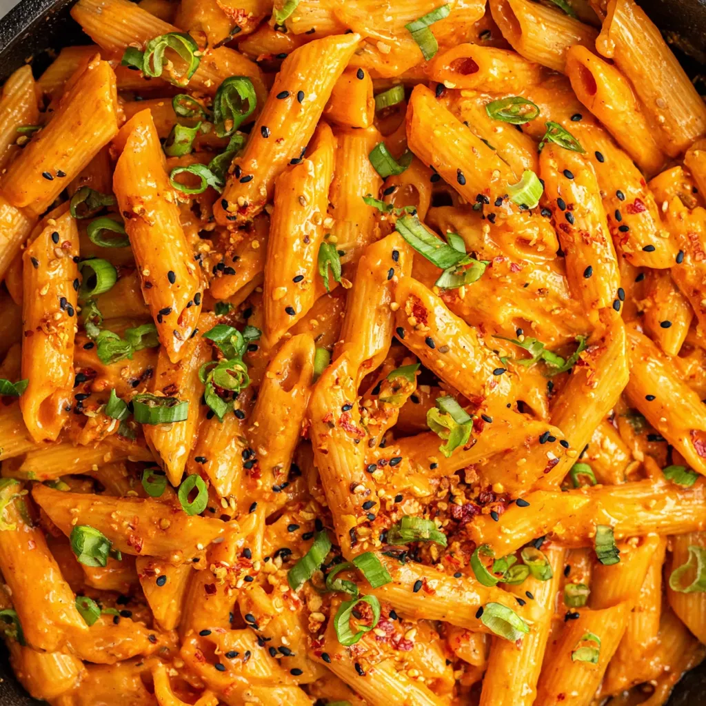 Creamy gochujang pasta with penne tossed in spicy chili cream sauce, topped with green onions and toasted sesame seeds