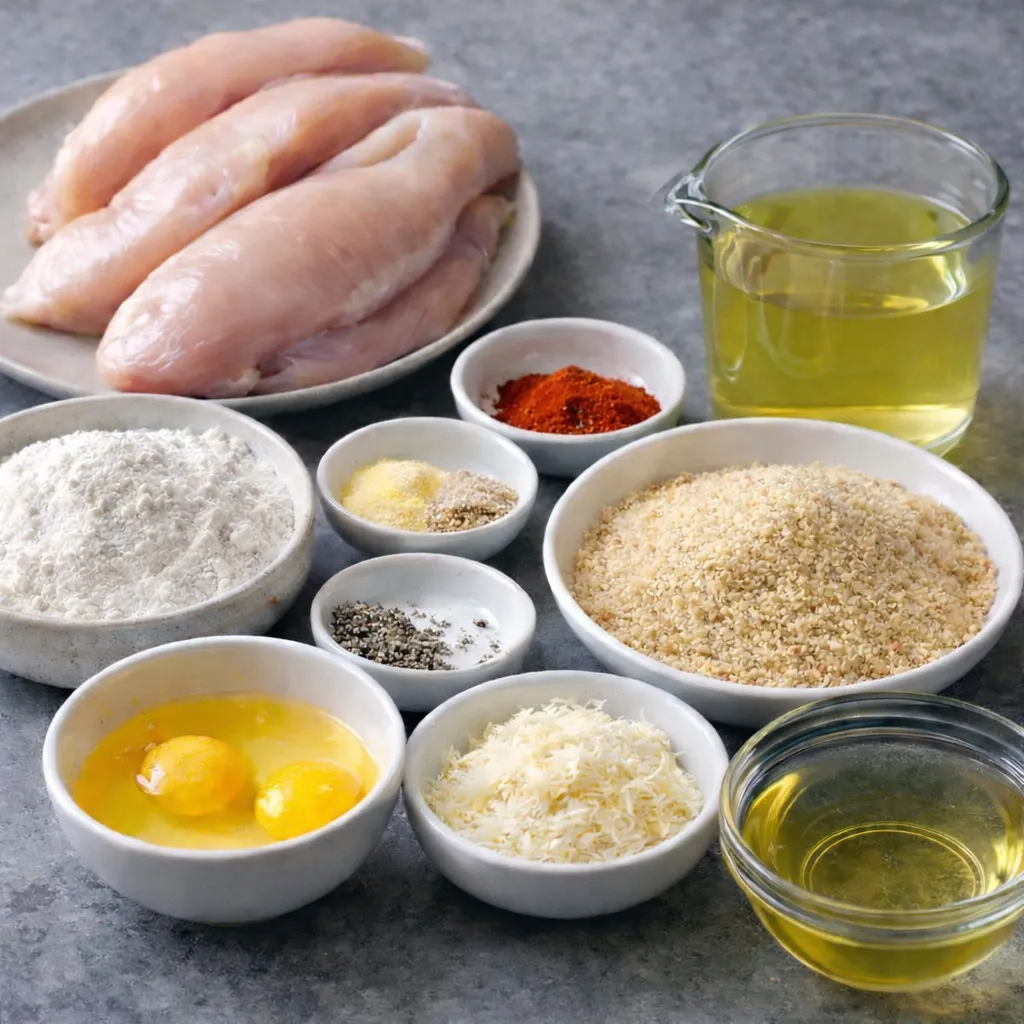Ingredients for crispy dill pickle parmesan chicken including raw chicken breasts, dill pickle juice, flour, eggs, seasoned breadcrumbs, grated parmesan cheese, spices, and cooking oil