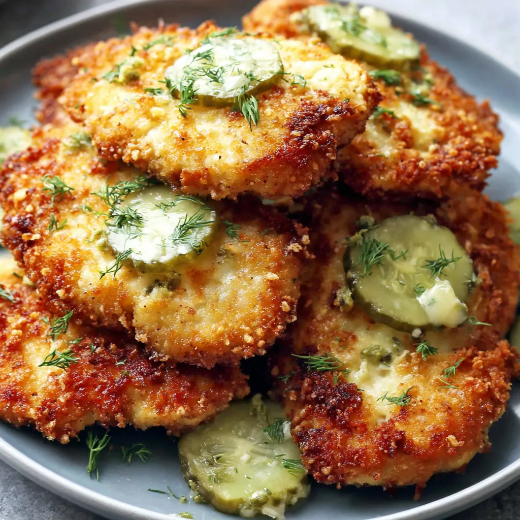 Crispy dill pickle parmesan chicken cutlets with golden breadcrumb crust, topped with dill and sliced pickles on a plate