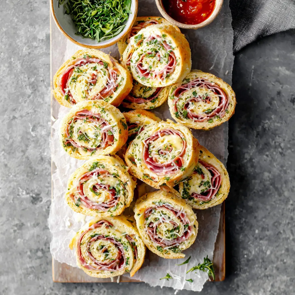 Italian pinwheel sandwiches sliced and arranged on a board with tortillas, herbed cream cheese spread, salami, capocollo, ham, lettuce, and tomatoes