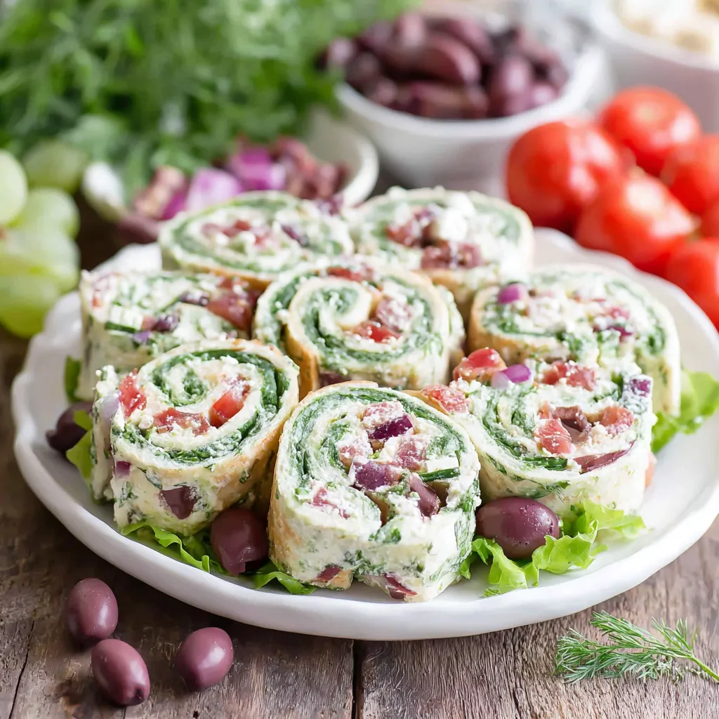 Greek salad pinwheels made with spinach tortillas, creamy yogurt feta spread, cucumbers, tomatoes, Kalamata olives and fresh herbs, served as a party appetizer