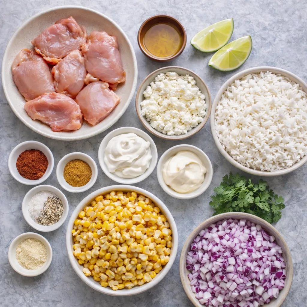 Ingredients for street corn chicken bowl including raw chicken thighs, sweet corn, rice, cotija cheese, red onion, sour cream, spices and lime