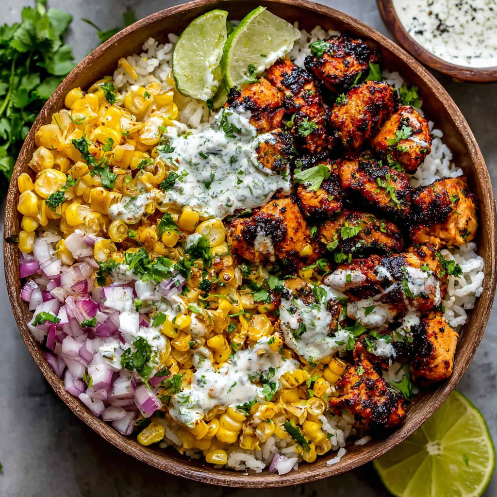 Tasty street corn chicken bowl with seasoned chicken thighs, creamy corn, rice, red onion, cotija cheese sauce and lime