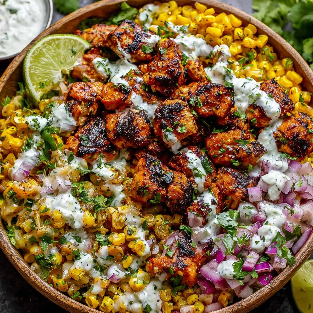 Street corn chicken bowl with seasoned chicken thighs, creamy corn, cotija cheese, rice, red onion and cilantro