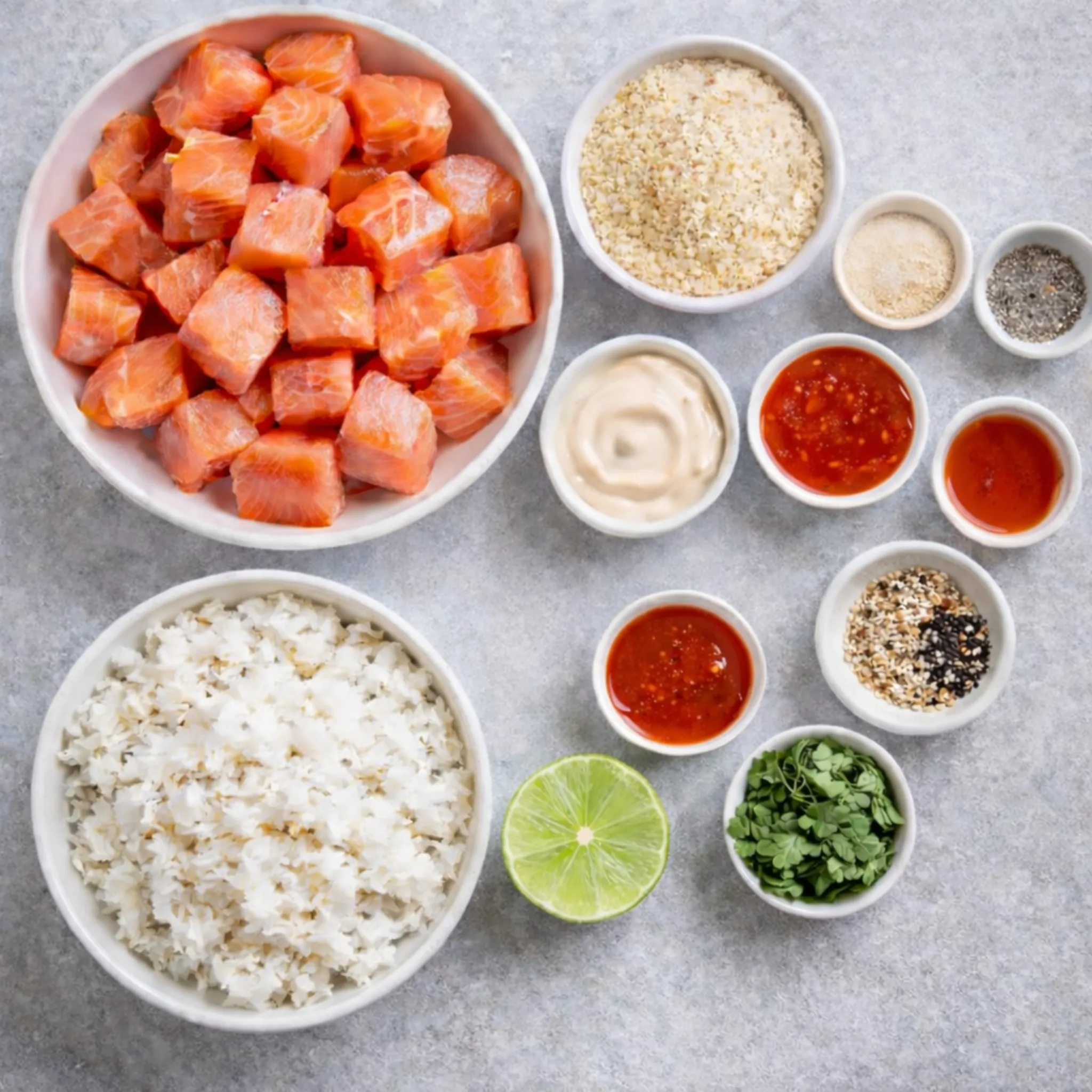 Ingredients for Bang Bang salmon bites bowls including cubed raw salmon, jasmine rice, panko breadcrumbs, mayonnaise, sweet chili sauce, sriracha, lime, sesame seeds, and fresh cilantro