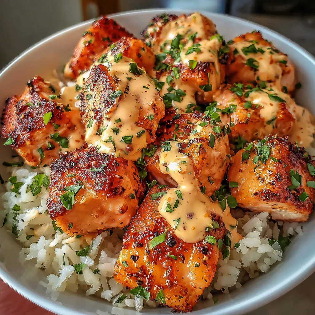 Bang Bang salmon bites bowl with crispy salmon cubes drizzled in creamy bang bang sauce over fluffy jasmine rice, garnished with fresh cilantro
