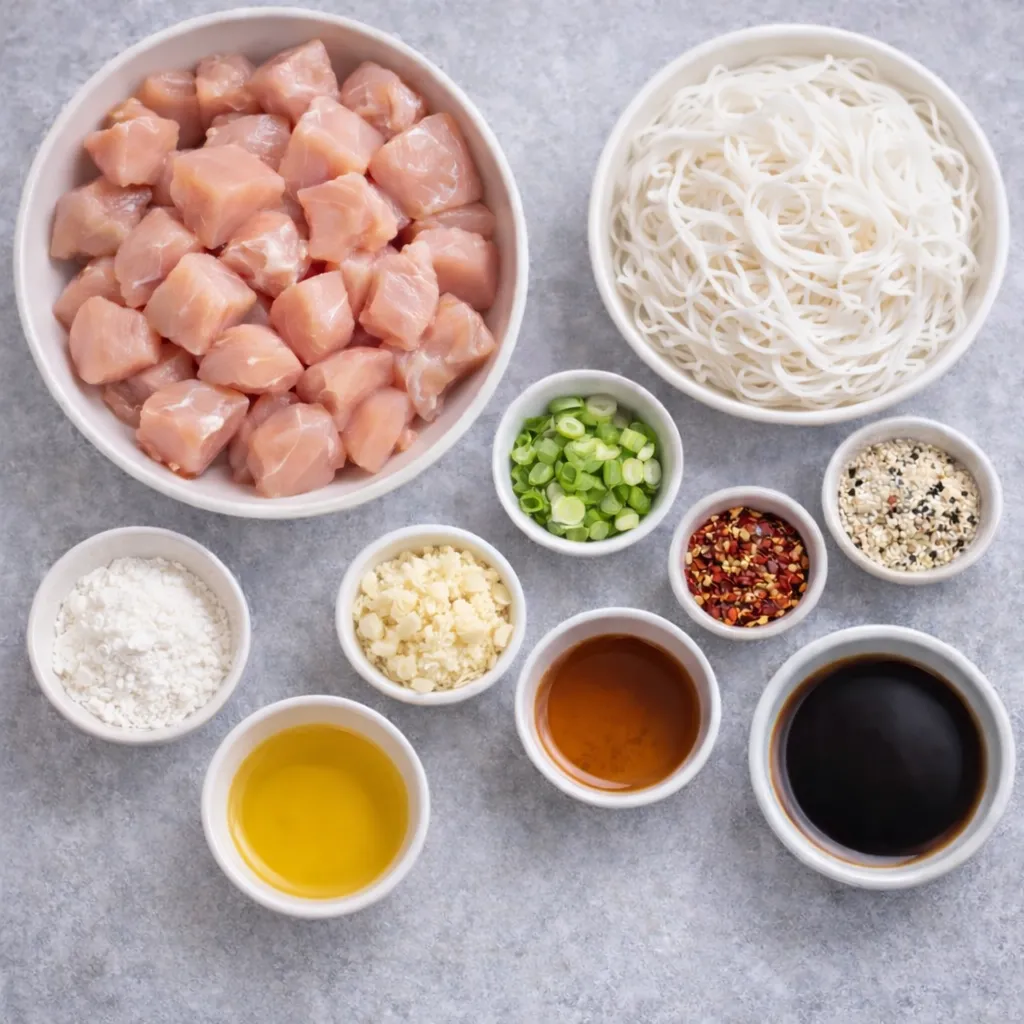 Ingredients for chicken noodle stir fry including diced chicken, rice noodles, soy sauce, honey, garlic, ginger, cornstarch, oil, green onions and sesame seeds on a light background