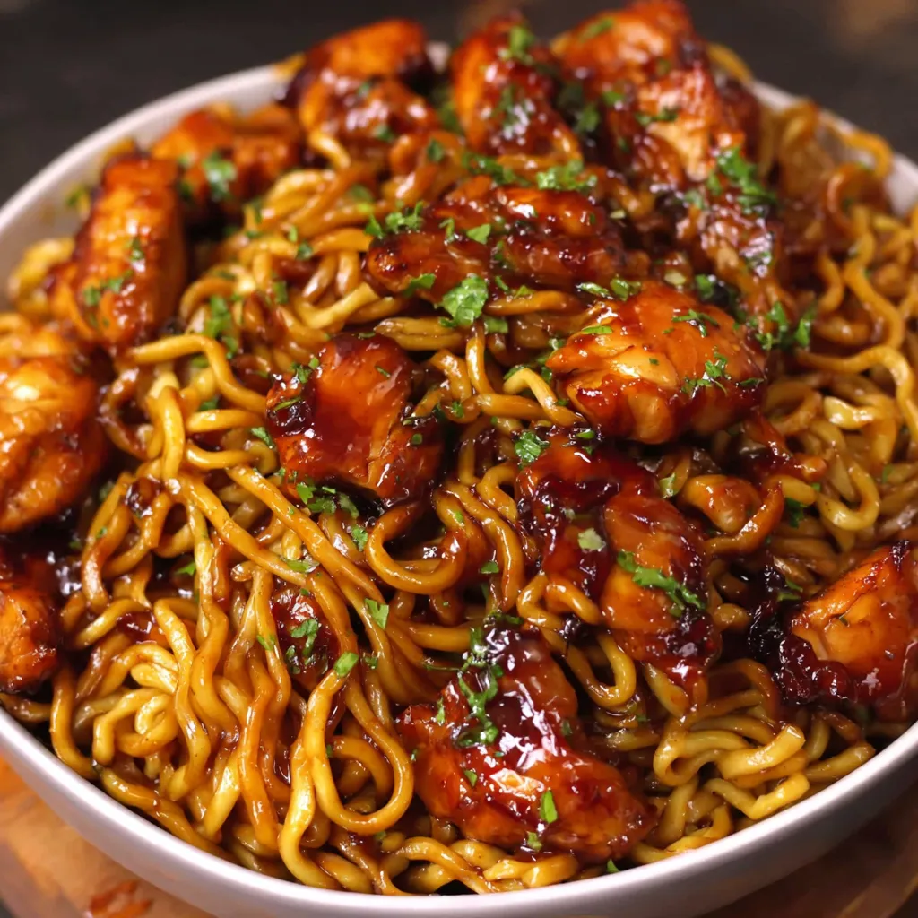Sticky honey garlic chicken noodles served in a bowl, garnished with fresh herbs