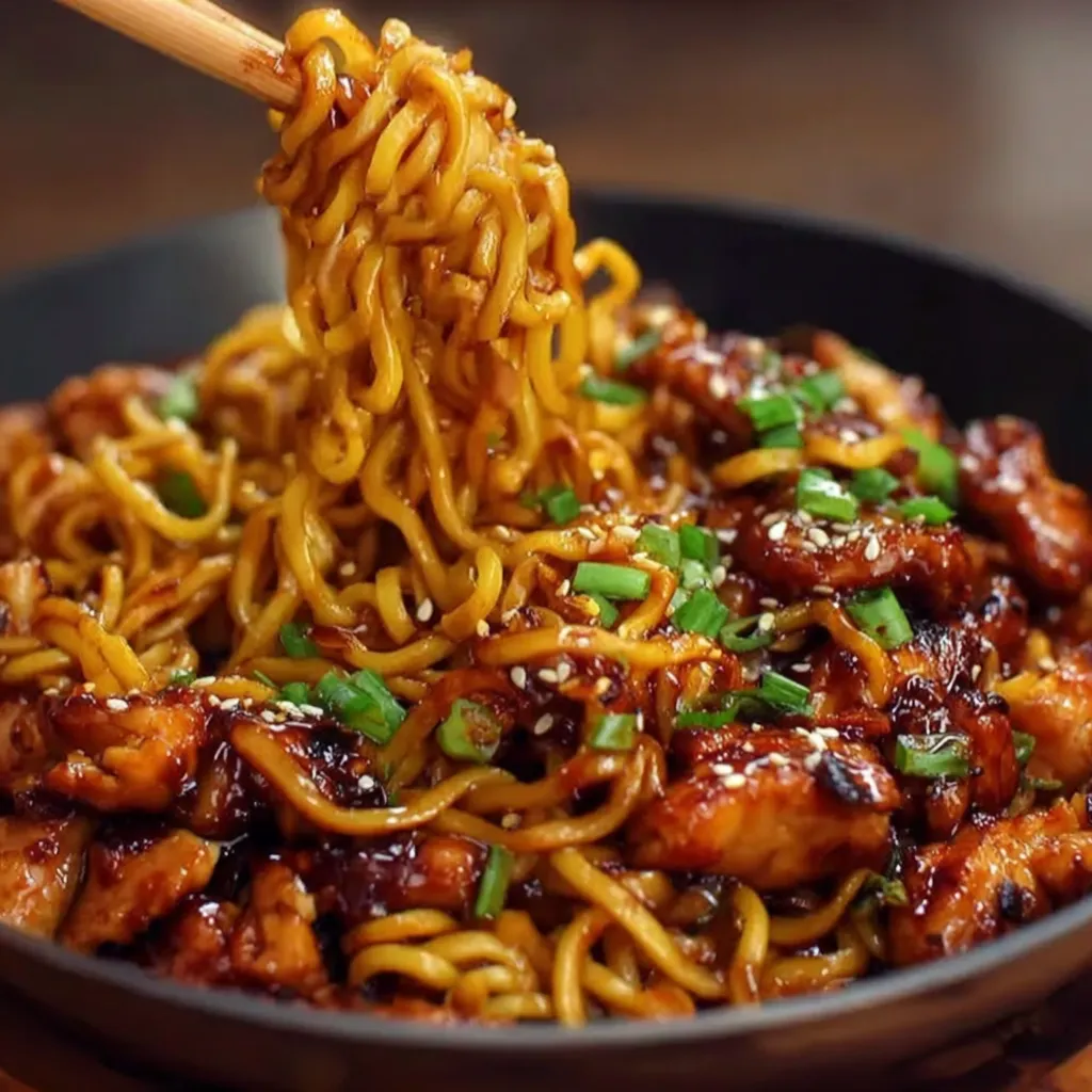 Sticky honey garlic chicken noodles served in a bowl, topped with sesame seeds and green onions, with chopsticks lifting saucy noodles