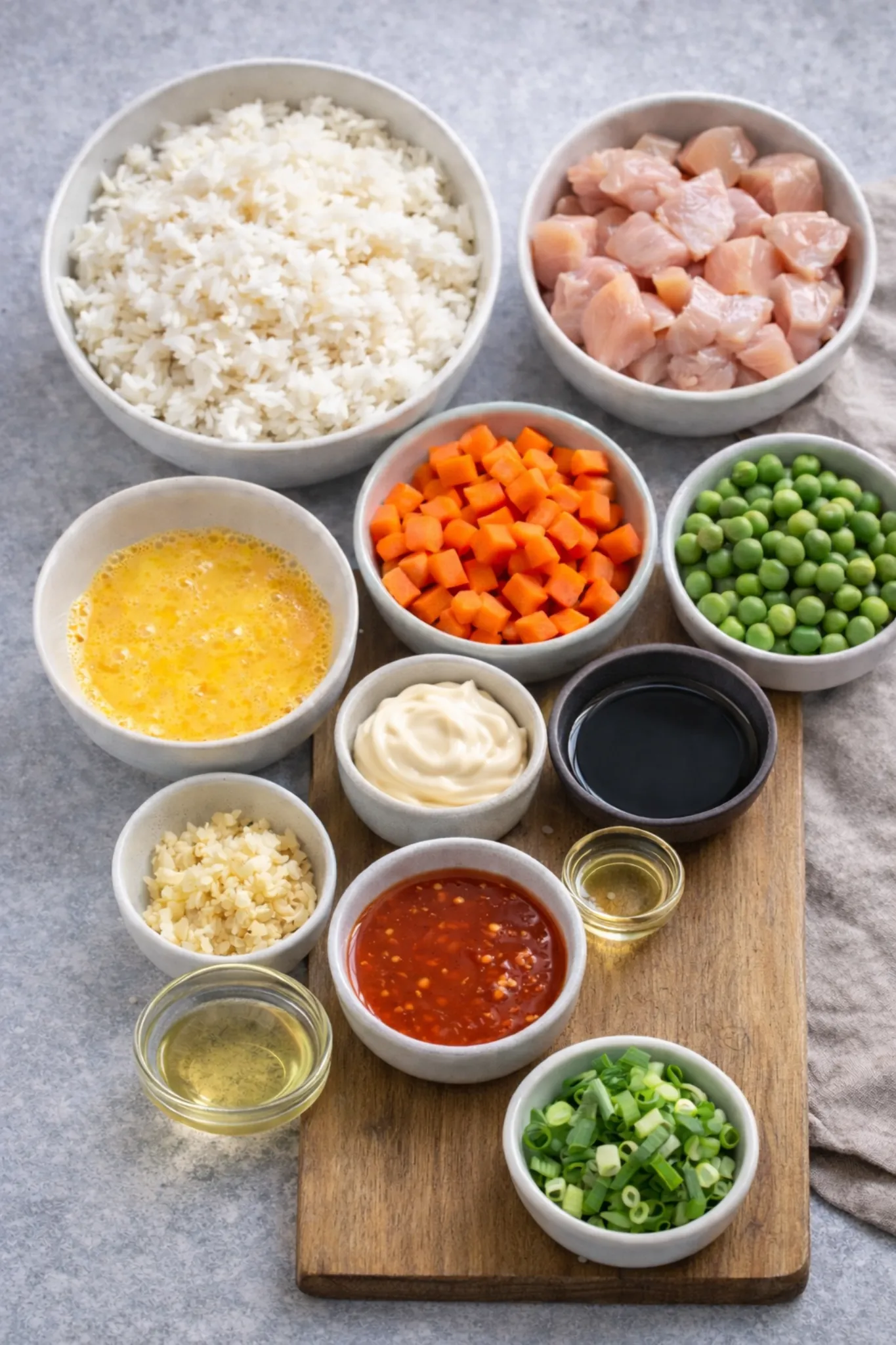 Bang Bang Fried Rice ingredients including rice, chicken, eggs, carrots, peas, garlic, soy sauce, and bang bang sauce components