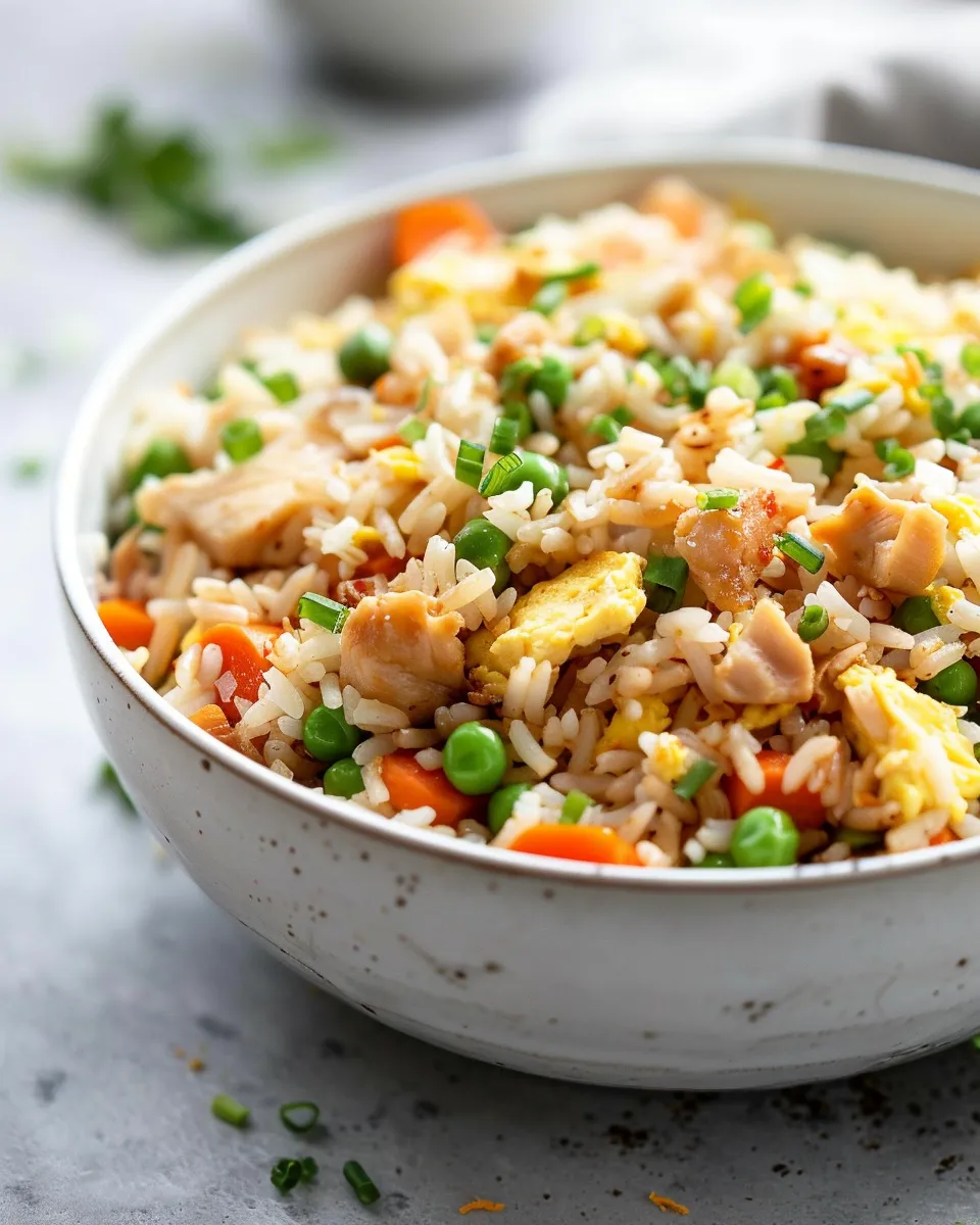 Bang Bang Fried Rice with chicken, eggs, peas, carrots, and green onions served in a bowl