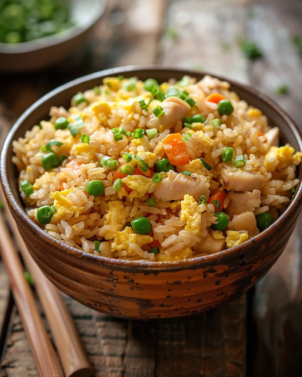 Bang Bang Fried Rice with chicken, eggs, peas and carrots served in a bowl
