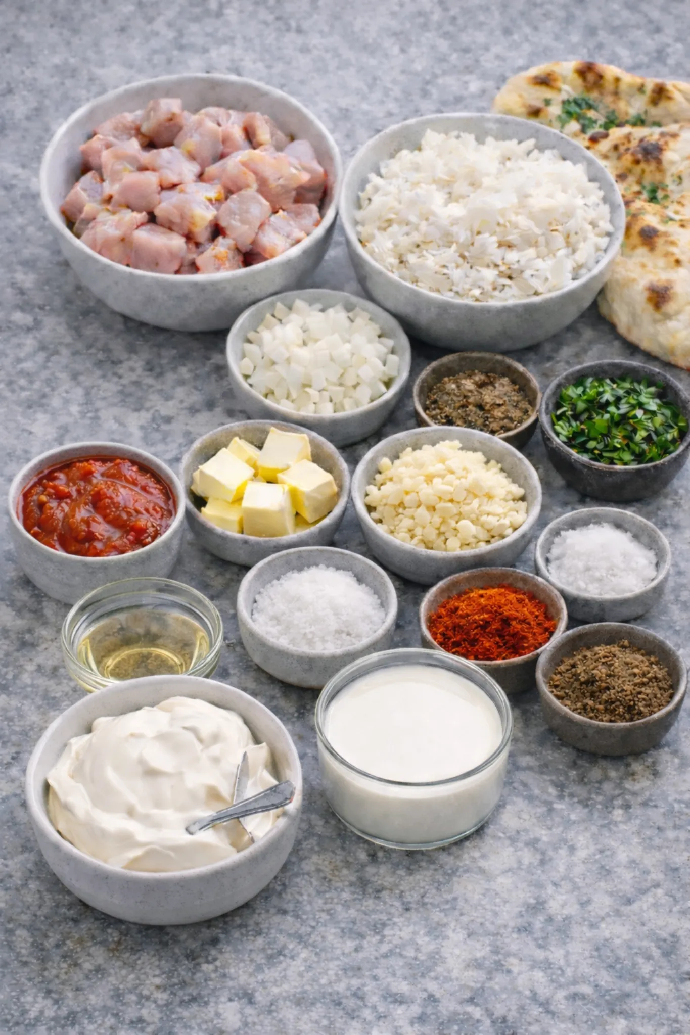 Butter chicken ingredients including raw chicken, basmati rice, Greek yogurt, butter, garlic, tomato sauce, spices, cream and naan bread