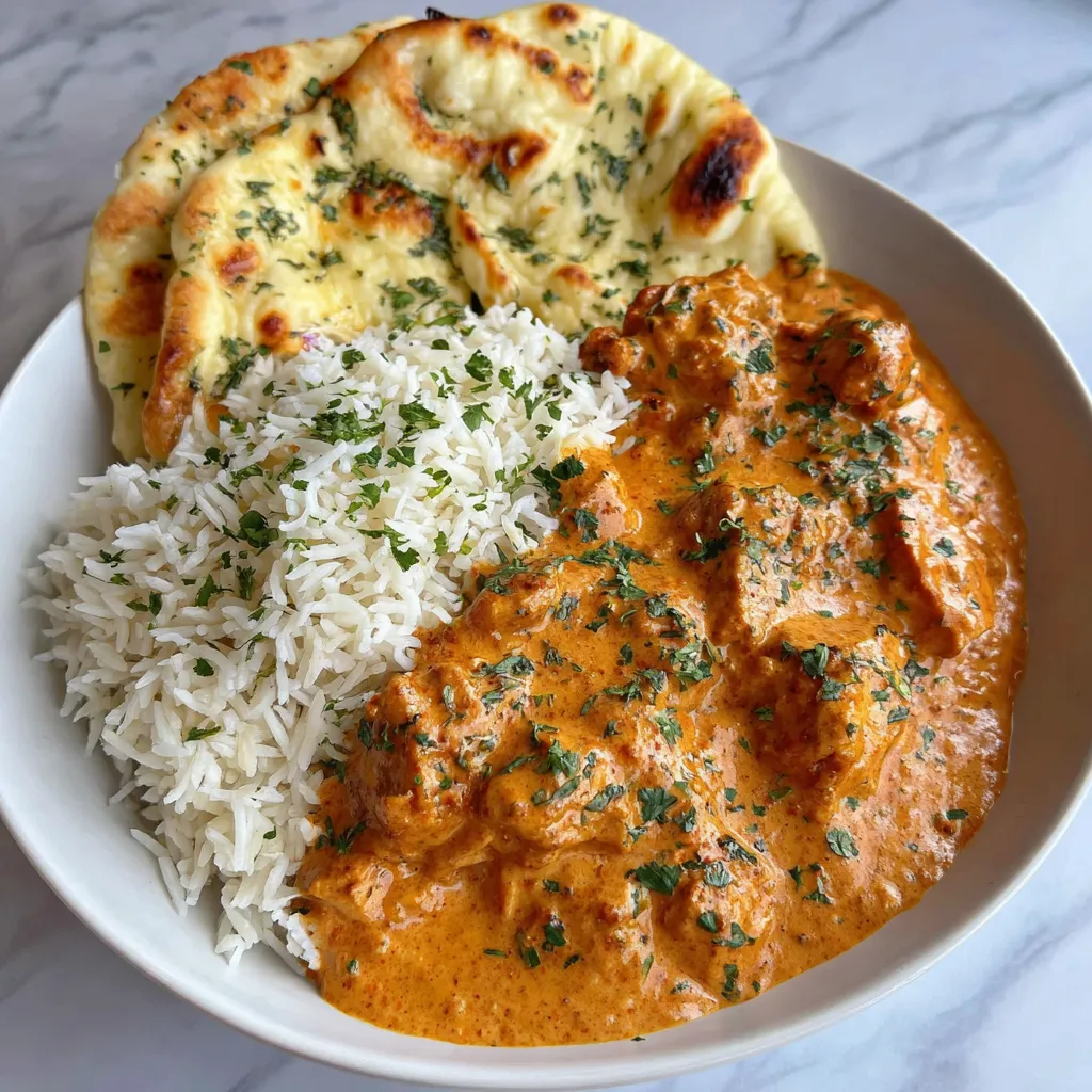 Butter chicken served with basmati rice and garlic naan in a white bowl