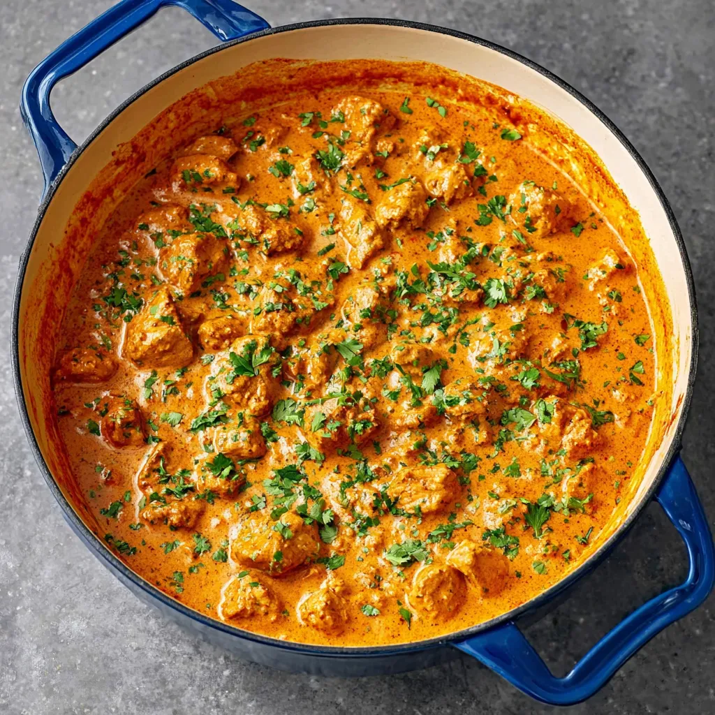 Creamy butter chicken cooked in a blue pot, topped with fresh parsley, rich tomato curry sauce with tender chicken pieces