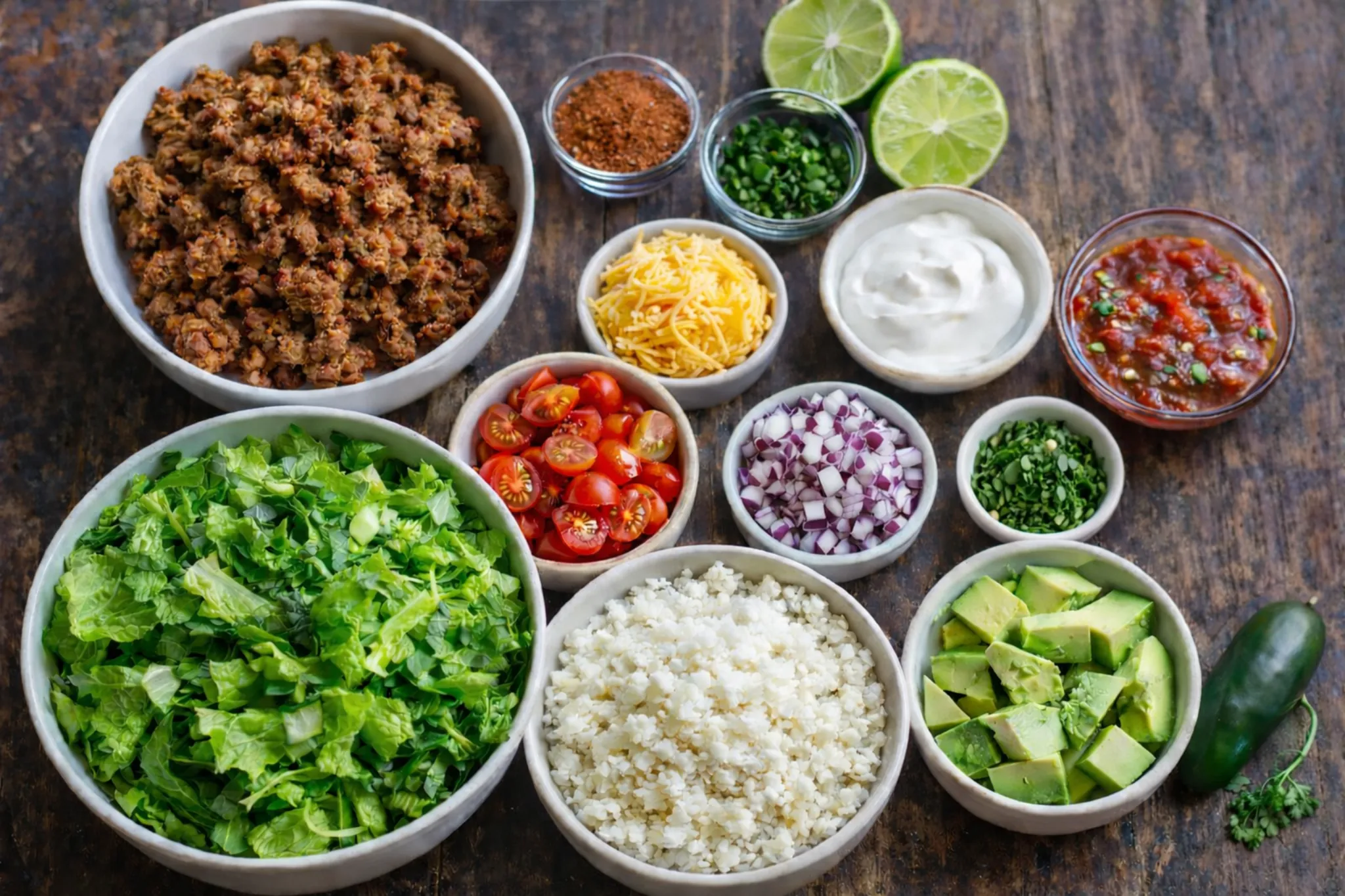 Low carb burrito bowl ingredients with ground chicken, cauliflower rice, romaine lettuce, avocado, cherry tomatoes, red onion, shredded cheese, sour cream, salsa, cilantro, lime, and spices